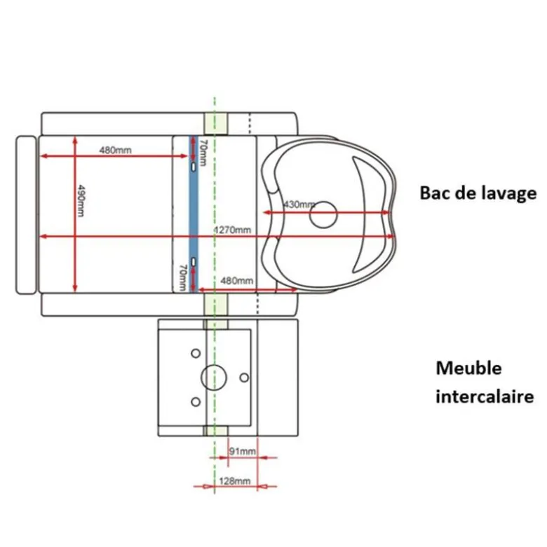 Bac de lavage accoudoirs carrés avec repose jambes ajustable 64x62x83 cm