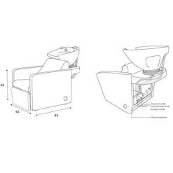 Bac de lavage accoudoirs carrés avec repose jambes ajustable 64x62x83 cm