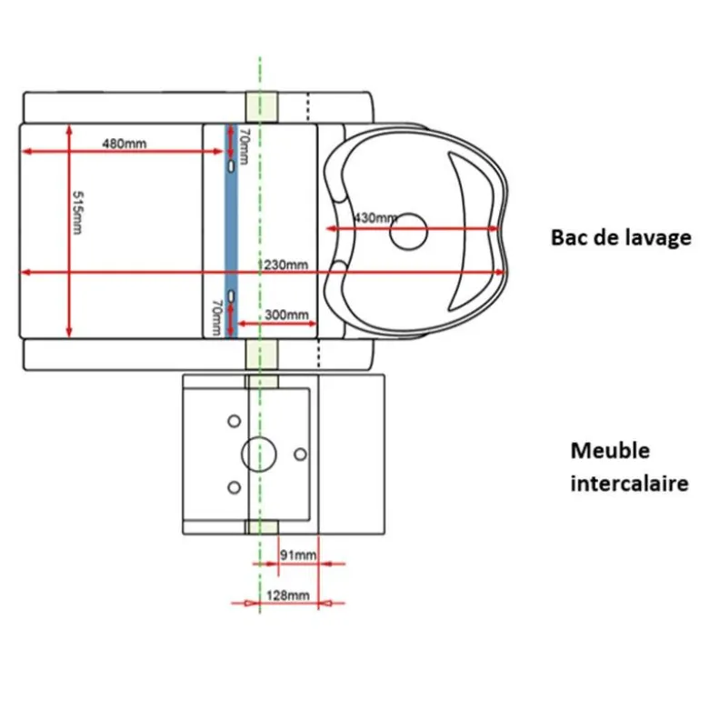 Bac de lavage accoudoirs concaves avec repose jambes ajustable 53x65x74 cm