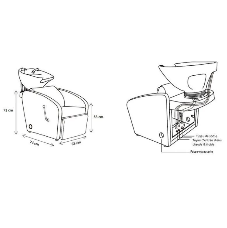 Bac de lavage accoudoirs concaves avec repose jambes ajustable 53x65x74 cm