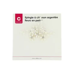 Epingle à chignon argentée avec fleurs et perles