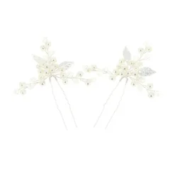 Lot de 2 épingles à chignon feuilles argentées et perles