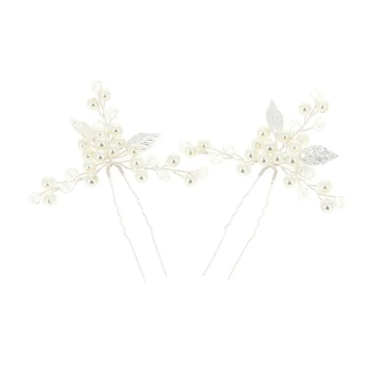 Lot de 2 épingles à chignon feuilles argentées et perles