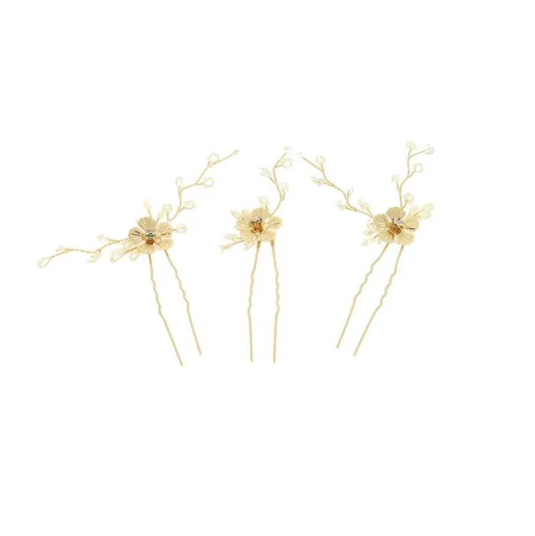 Lot de 3 épingles à chignon fleurs dorées et perles