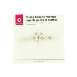 Peigne barrette mariage argenté avec perles et cristaux
