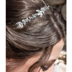 Serre tête feuilles argentés et cristaux - mariage